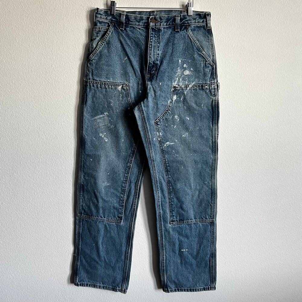 Carhartt B73 DST blue denim painted double knee work wear carpenter pants